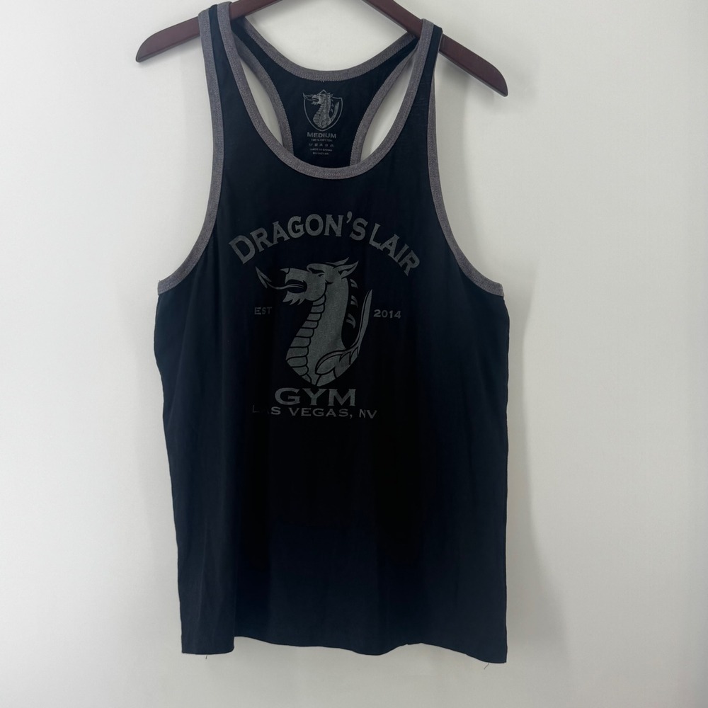 Dragons Lair Gym Las Vegas Mens Medium Black Cotton Racerback Stringer Tank Top